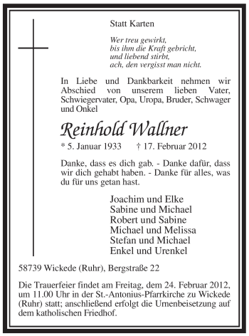 Traueranzeige von Reinhold Wallner von WESTFÄLISCHER ANZEIGER
