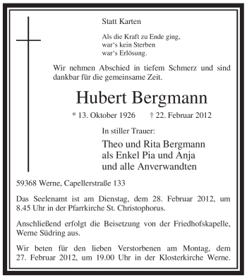 Traueranzeige von Hubert Bergmann von WESTFÄLISCHER ANZEIGER