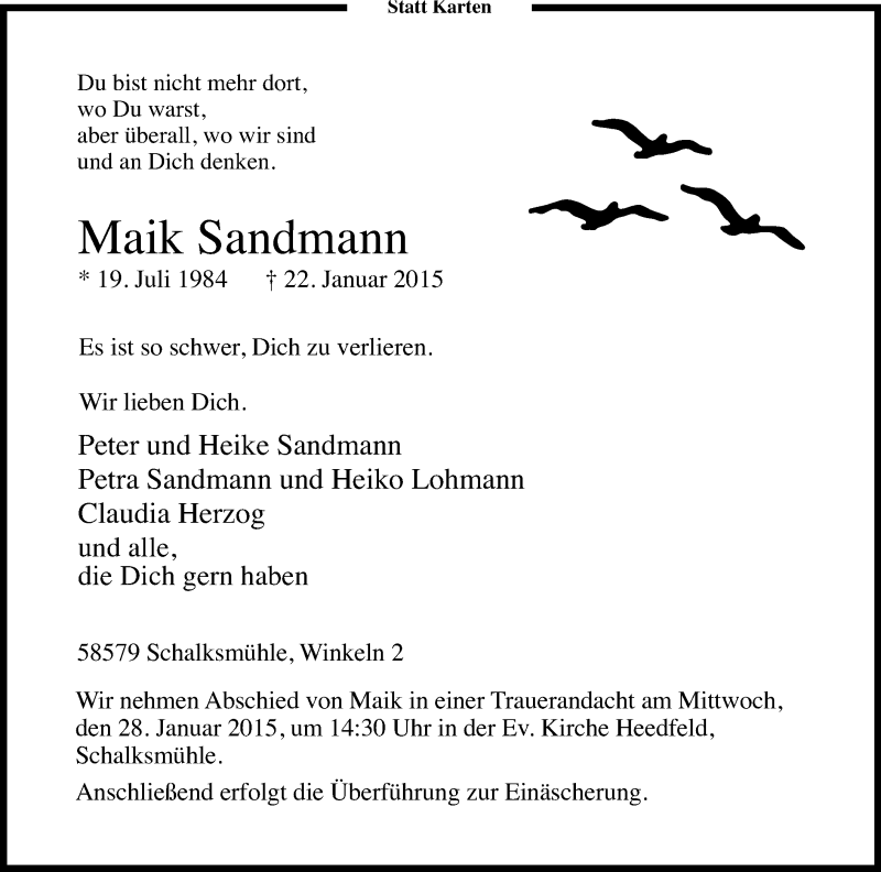  Traueranzeige für Maik Sandmann vom 26.01.2015 aus MZV