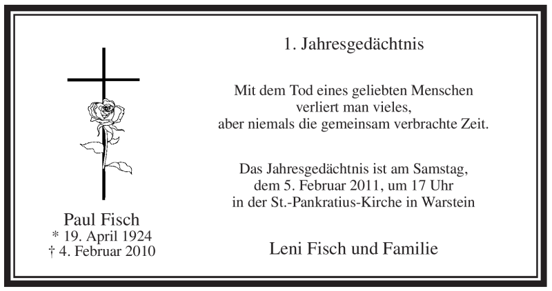  Traueranzeige für Paul Fisch vom 02.02.2011 aus WESTFÄLISCHER ANZEIGER