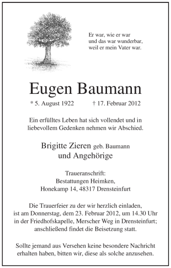Traueranzeige von Eugen Baumann von WESTFÄLISCHER ANZEIGER