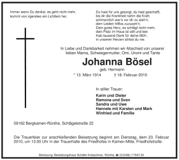 Traueranzeige von Johanna Bösel von WESTFÄLISCHER ANZEIGER
