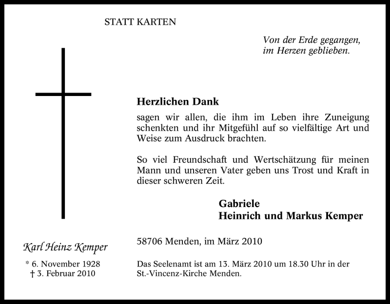  Traueranzeige für Karl Heinz Kemper vom 06.03.2010 aus WESTFÄLISCHER ANZEIGER