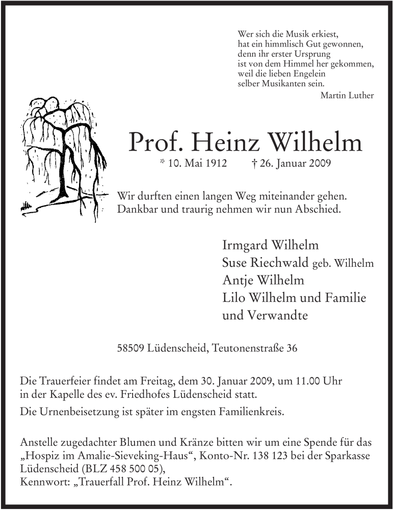  Traueranzeige für Heinz Wilhelm vom 28.01.2009 aus WESTFÄLISCHER ANZEIGER