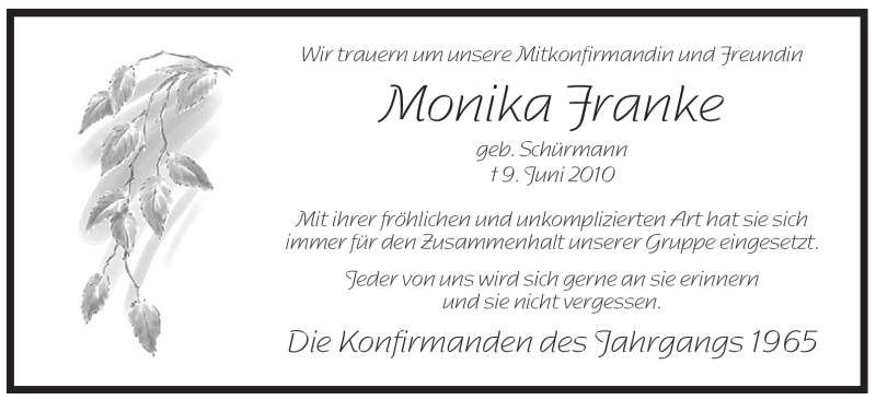  Traueranzeige für Monika Franke vom 15.06.2010 aus WESTFÄLISCHER ANZEIGER