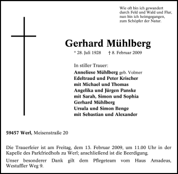 Traueranzeige von Gerhard Mühlberg von WESTFÄLISCHER ANZEIGER
