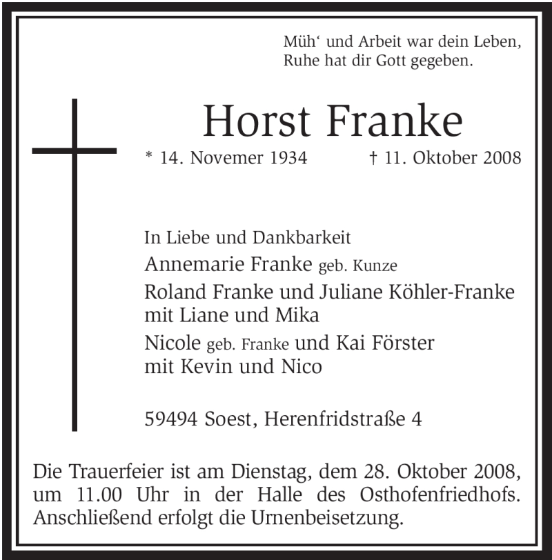  Traueranzeige für Horst Franke vom 15.10.2008 aus WESTFÄLISCHER ANZEIGER