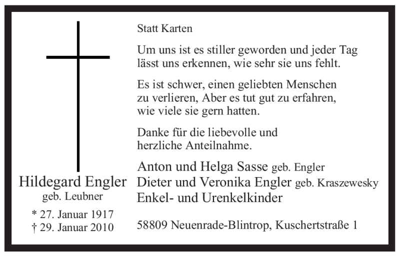 Traueranzeige für Hildegard Engler vom 06.03.2010 aus WESTFÄLISCHER ANZEIGER