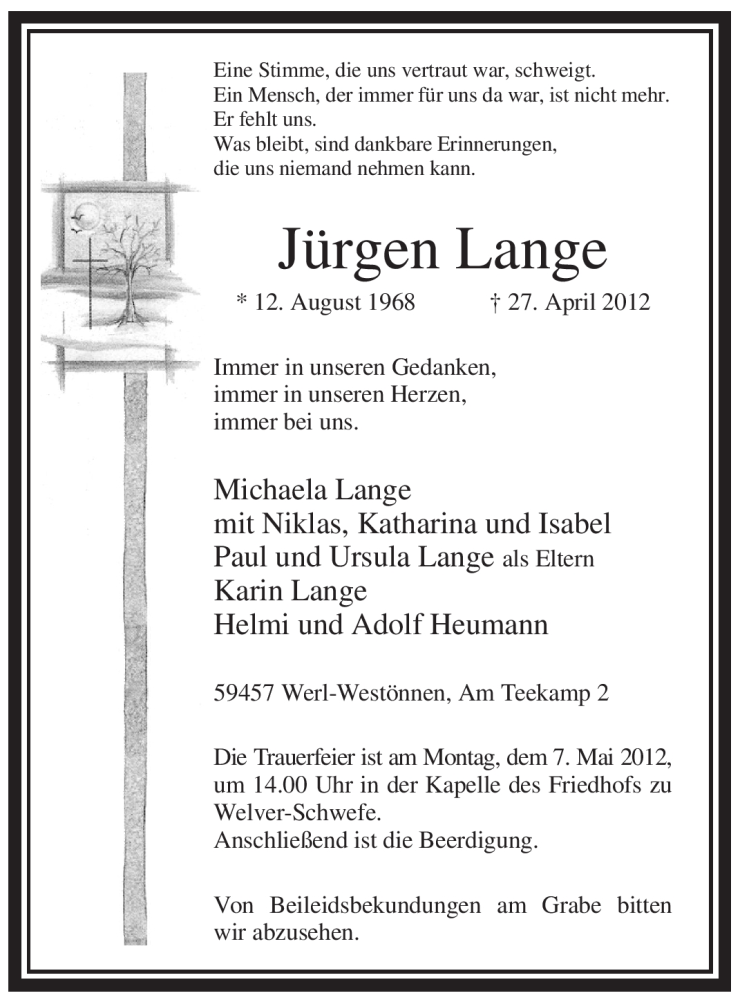  Traueranzeige für Jürgen Lange vom 05.05.2012 aus WESTFÄLISCHER ANZEIGER