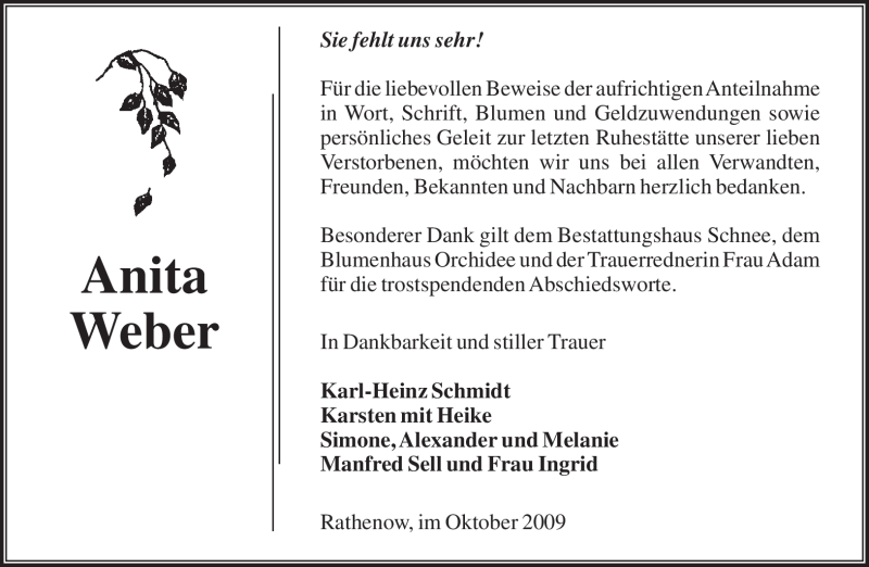  Traueranzeige für Anita Weber vom 25.10.2009 aus WESTFÄLISCHER ANZEIGER