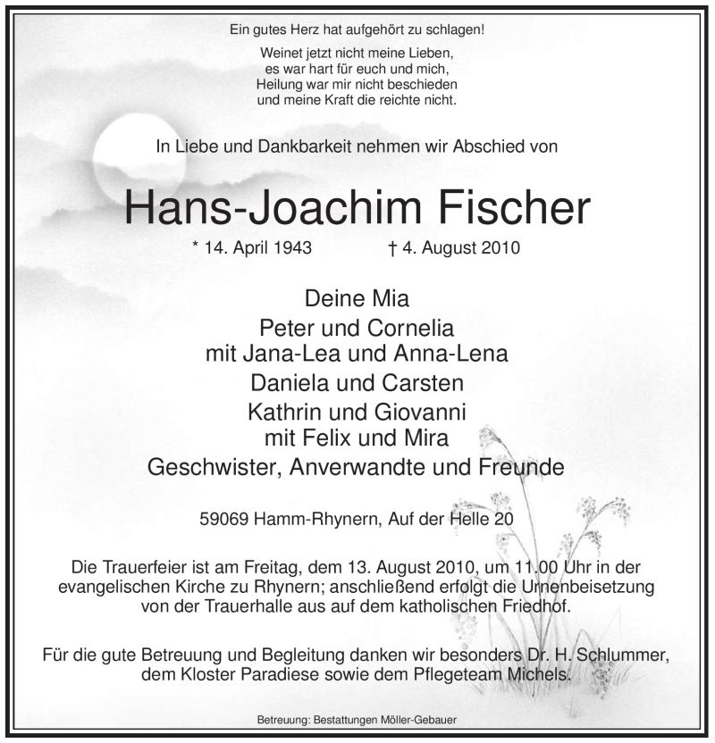  Traueranzeige für Hans-Joachim Fischer vom 10.08.2010 aus WESTFÄLISCHER ANZEIGER