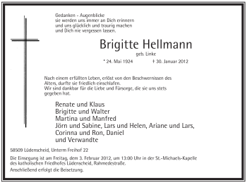 Traueranzeige von Brigitte Hellmann von WESTFÄLISCHER ANZEIGER