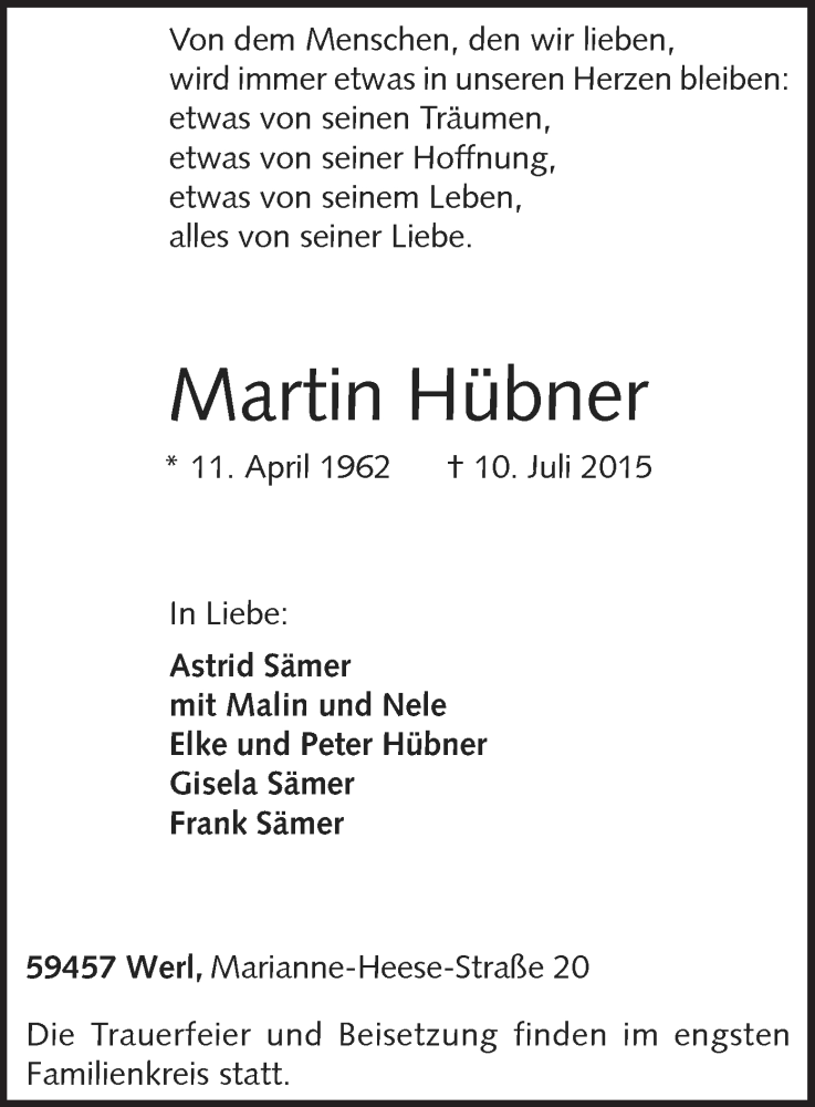  Traueranzeige für Martin Hübner vom 13.07.2015 aus MZV