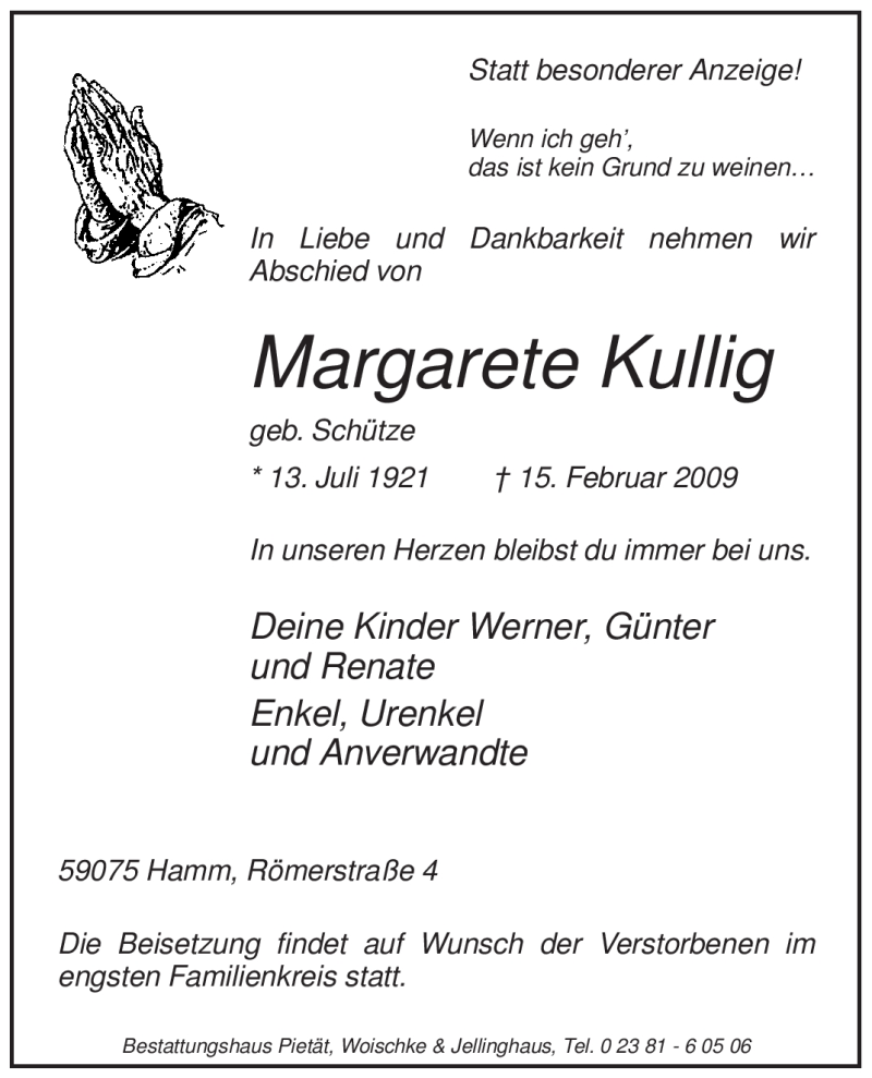  Traueranzeige für Margarete Kullig vom 17.02.2009 aus WESTFÄLISCHER ANZEIGER