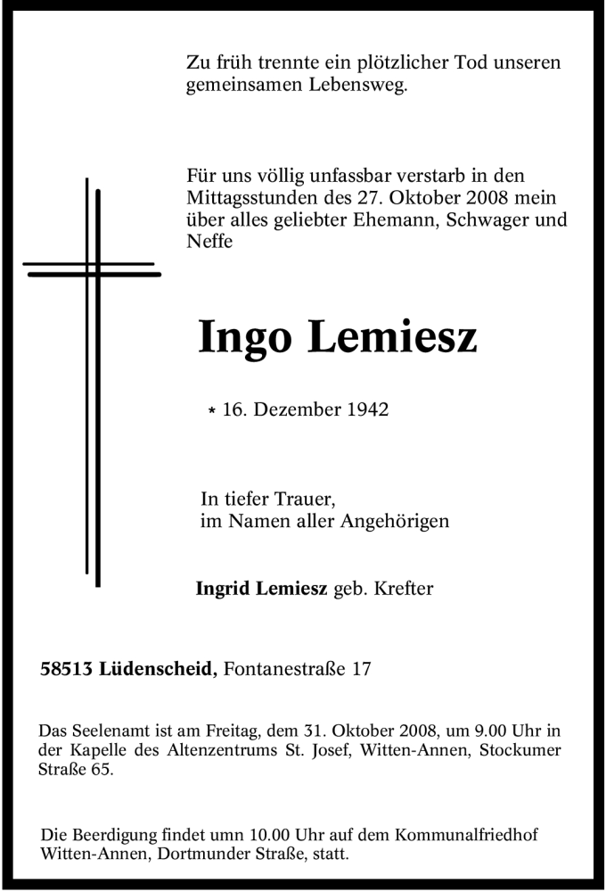  Traueranzeige für Ingo Lemiesz vom 29.10.2008 aus WESTFÄLISCHER ANZEIGER