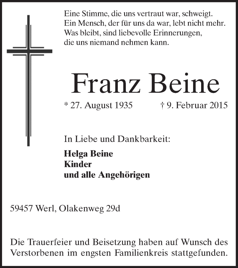  Traueranzeige für Franz Beine vom 21.02.2015 aus MZV