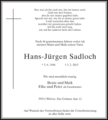 Traueranzeige von Hans-Jürgen Sadloch von MZV