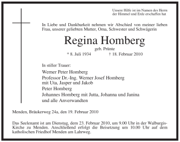 Traueranzeige von Regina Homberg von WESTFÄLISCHER ANZEIGER