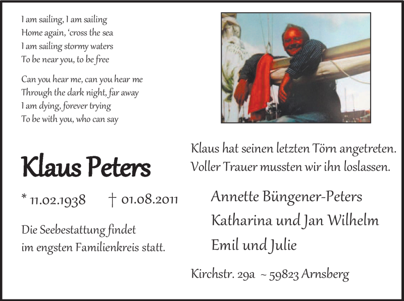  Traueranzeige für Klaus Peters vom 04.08.2011 aus WESTFÄLISCHER ANZEIGER