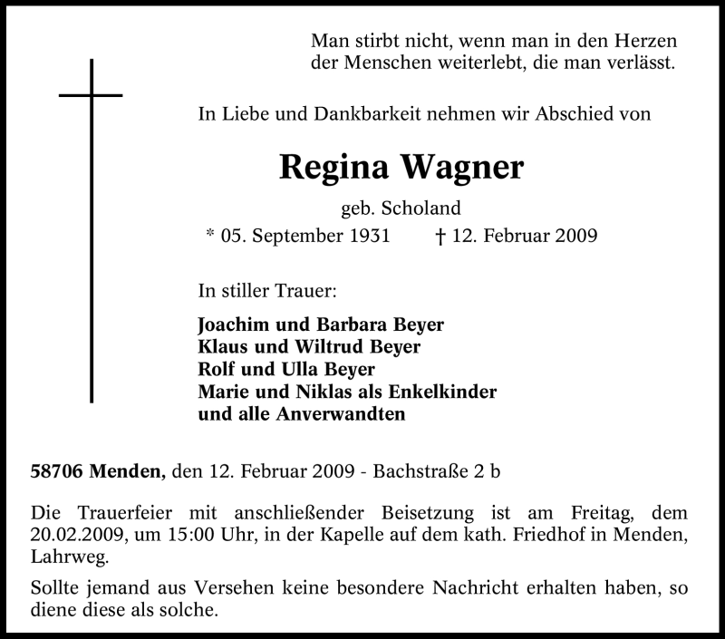  Traueranzeige für Regina Wagner vom 18.02.2009 aus WESTFÄLISCHER ANZEIGER