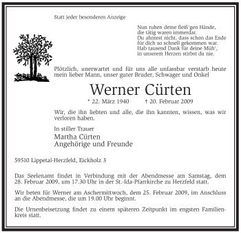 Traueranzeige von Werner Cürten von WESTFÄLISCHER ANZEIGER