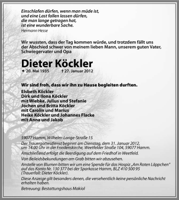 Traueranzeige von Dieter Köckler von WESTFÄLISCHER ANZEIGER