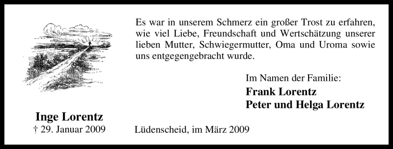 Traueranzeige für Inge Lorentz vom 14.03.2009 aus WESTFÄLISCHER ANZEIGER