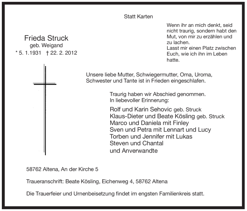  Traueranzeige für Frieda Struck vom 24.02.2012 aus WESTFÄLISCHER ANZEIGER