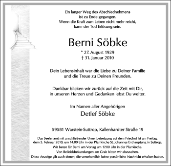 Traueranzeige von Berni Söbke von WESTFÄLISCHER ANZEIGER