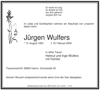 Traueranzeige von Jürgen Wulfers von WESTFÄLISCHER ANZEIGER
