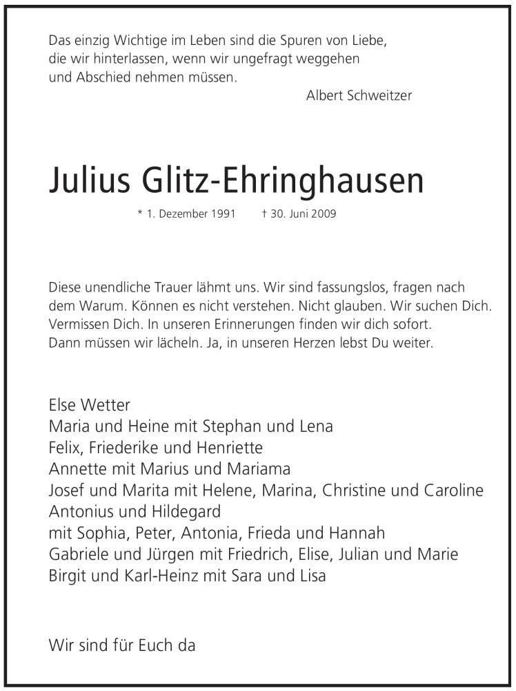  Traueranzeige für Julius Glitz-Ehringhausen vom 21.07.2009 aus WESTFÄLISCHER ANZEIGER