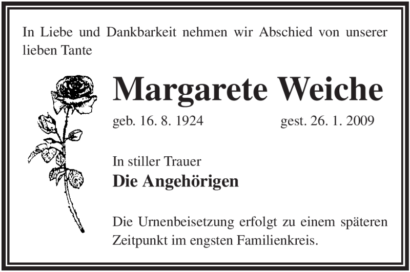  Traueranzeige für Margarete Weiche vom 29.01.2009 aus WESTFÄLISCHER ANZEIGER