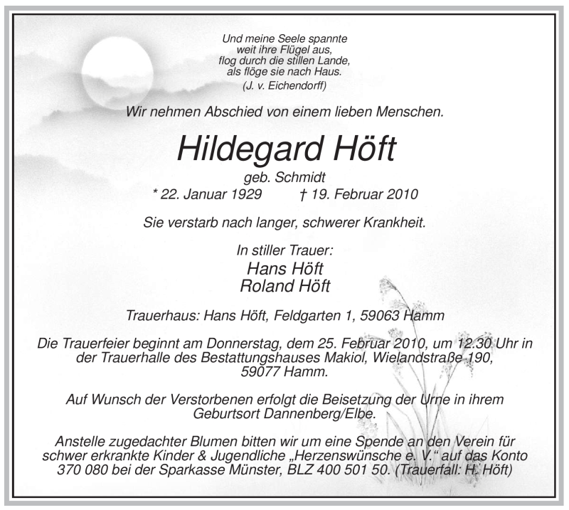  Traueranzeige für Hildegard Höft vom 22.02.2010 aus WESTFÄLISCHER ANZEIGER