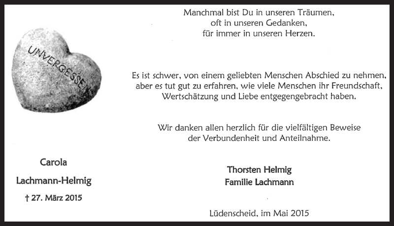  Traueranzeige für Carola Lachmann-Helmig vom 30.05.2015 aus MZV