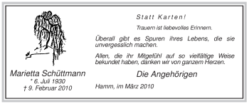 Traueranzeige von Marietta Schüttmann von WESTFÄLISCHER ANZEIGER