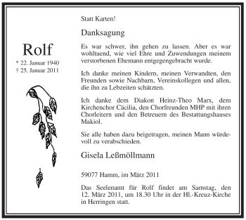 Traueranzeige von Rolf Leßmöllmann von WESTFÄLISCHER ANZEIGER