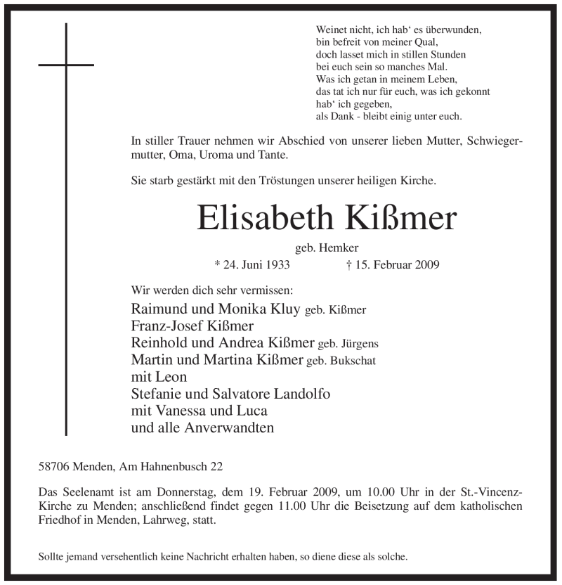  Traueranzeige für Elisabeth Kißmer vom 17.02.2009 aus WESTFÄLISCHER ANZEIGER