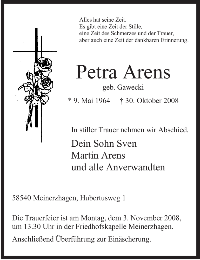  Traueranzeige für Petra Arens vom 01.11.2008 aus WESTFÄLISCHER ANZEIGER
