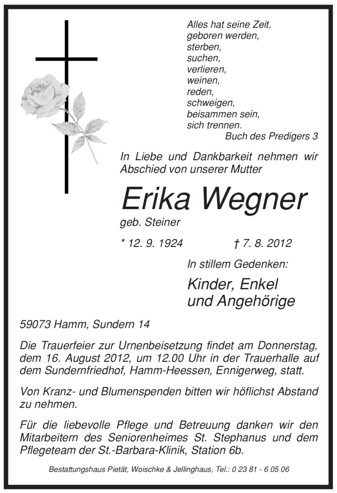  Traueranzeige für Erika Wegner vom 11.08.2012 aus WESTFÄLISCHER ANZEIGER
