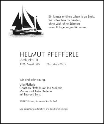 Traueranzeige von Helmut Pfefferle von MZV