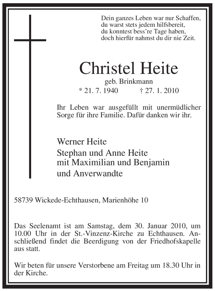  Traueranzeige für Christel Heite vom 28.01.2010 aus WESTFÄLISCHER ANZEIGER
