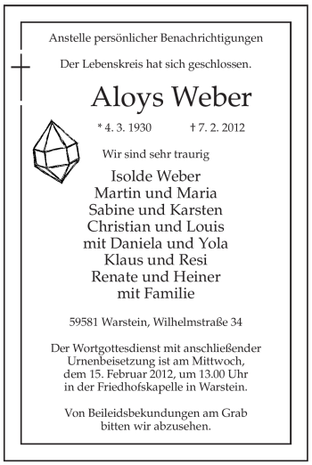 Traueranzeige von Aloys Weber von WESTFÄLISCHER ANZEIGER