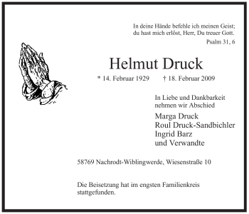 Traueranzeige von Helmut Druck von WESTFÄLISCHER ANZEIGER