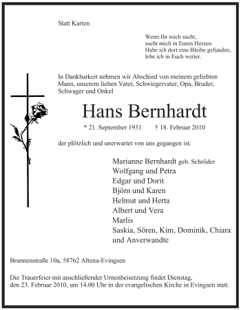 Traueranzeige von Hans Bernhardt von WESTFÄLISCHER ANZEIGER