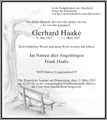 Traueranzeige von Gerhard Haake von MZV