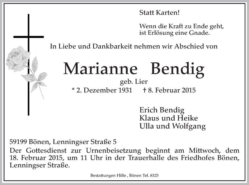  Traueranzeige für Marianne Bendig vom 14.02.2015 aus MZV