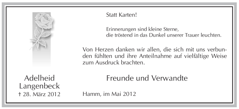  Traueranzeige für Adelheid Langenbeck vom 05.05.2012 aus WESTFÄLISCHER ANZEIGER