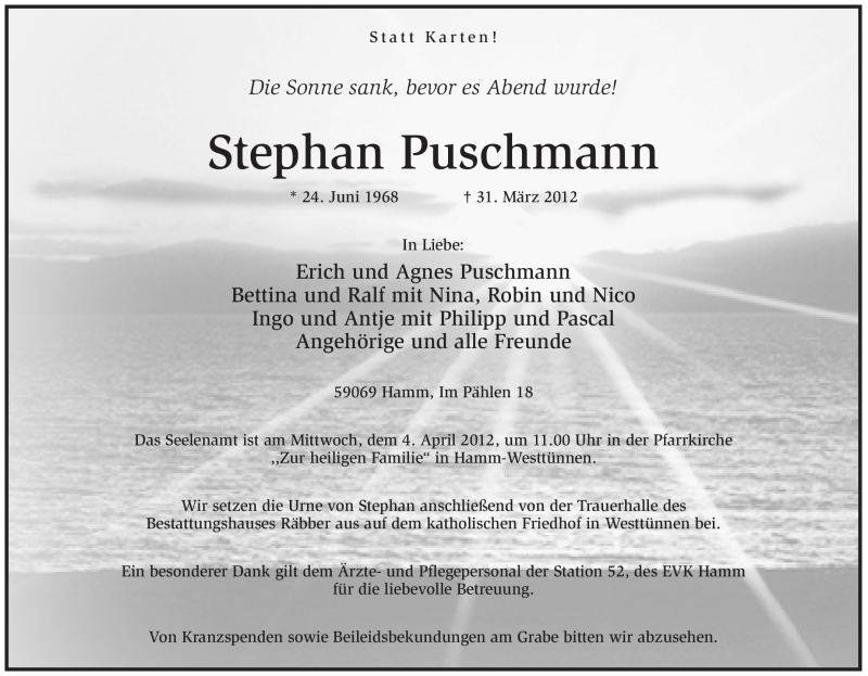  Traueranzeige für Stephan Puschmann vom 02.04.2012 aus WESTFÄLISCHER ANZEIGER