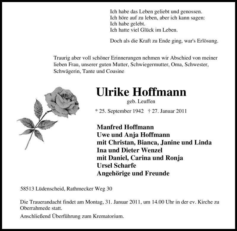  Traueranzeige für Ulrike Hoffmann vom 28.01.2011 aus WESTFÄLISCHER ANZEIGER