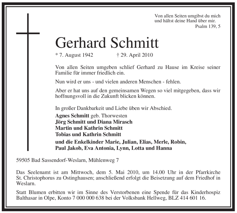  Traueranzeige für Gerhard Schmitt vom 04.05.2010 aus WESTFÄLISCHER ANZEIGER